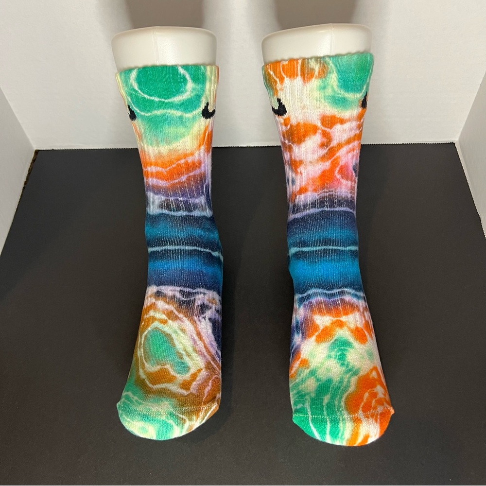 Custom Handmade Blue / Purple /Orange Pink split marble Tie-Dye NIKE Crew Socks - Picture 4 of 7